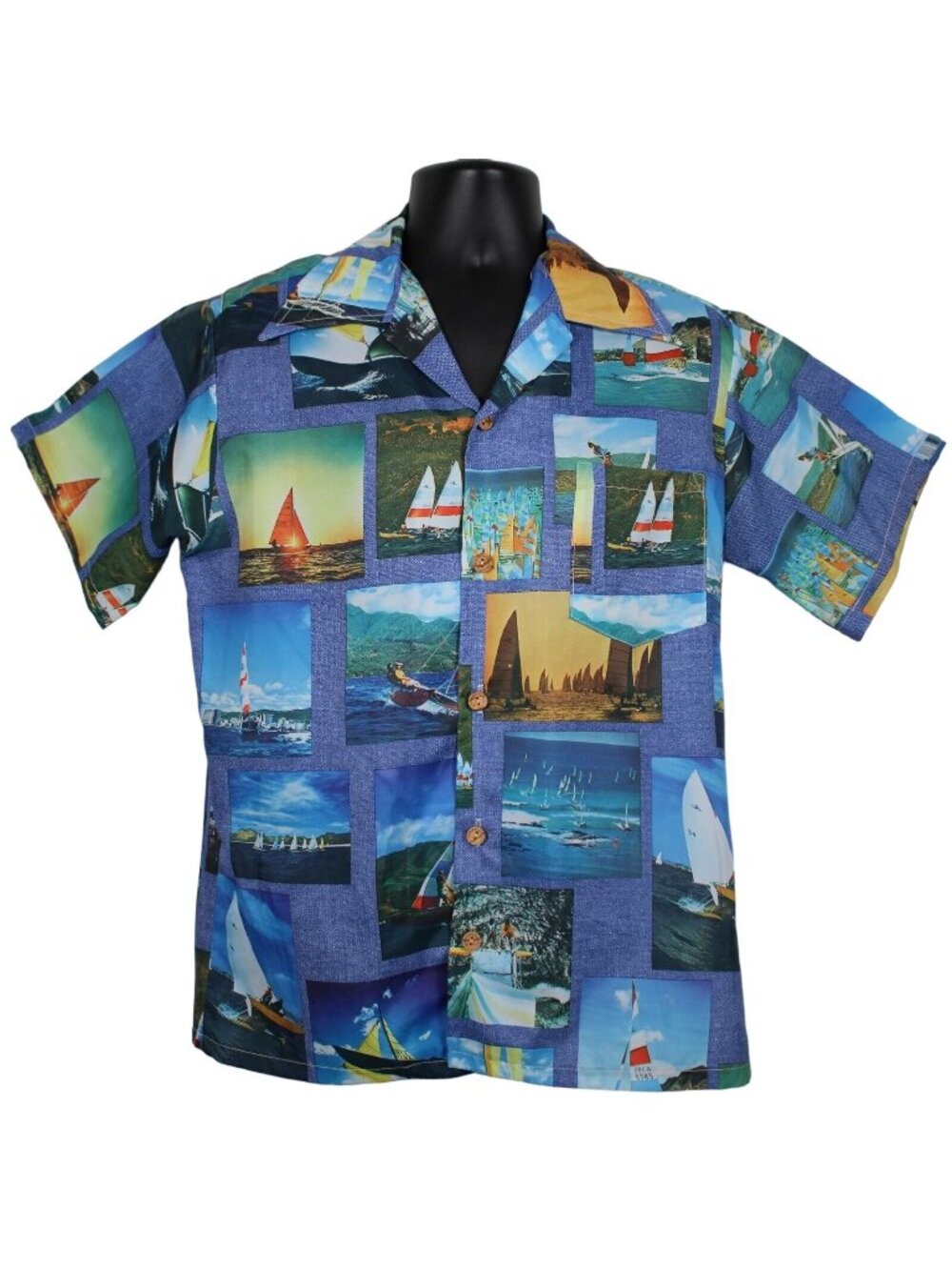 Hobie Catamaran Sailing Hawaiian Aloha Shirt Blue Medium All Over Pictures Vtg